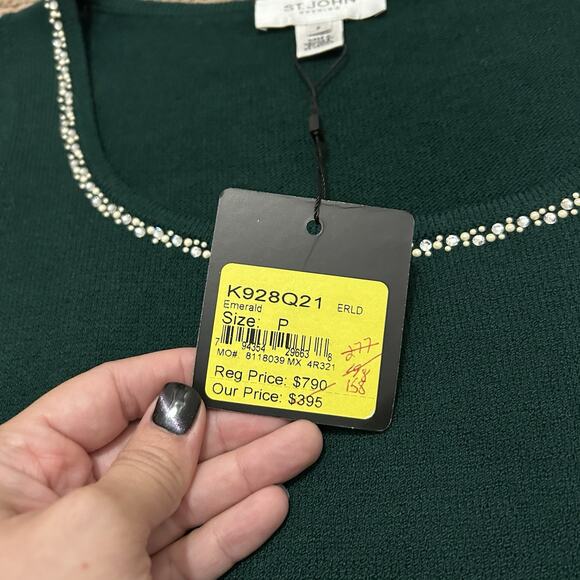 St John Evening Knit Sleeveless Top Embellished Collar Emerald Green Size P - Picture 6 of 8